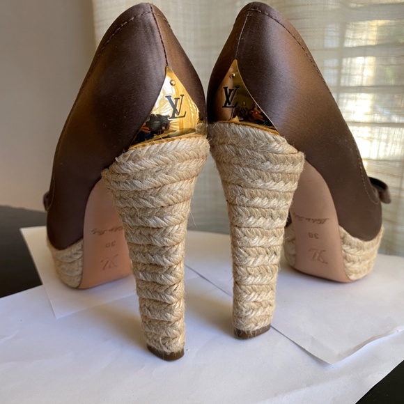 Louis Vuitton espadrille open toe platform brown satin pumps 38 heel clog Rivoli - Picture 10 of 12